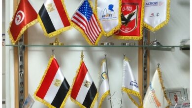 علم المكتب ومختلف انواع اعلام المكاتب واستاندات الاعلام لاند مارك للاعلان Egypt Satin Flag with Chrome Base Table Desk Flag Set