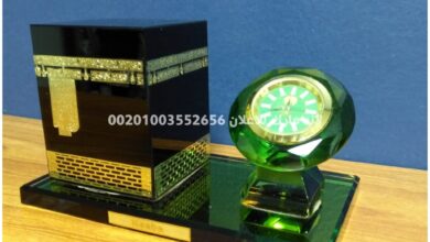 مجسم الكعبة المشرفة 3D من الكريستال مع ساعة Crystal Cube Kaaba model for office decoration or gift